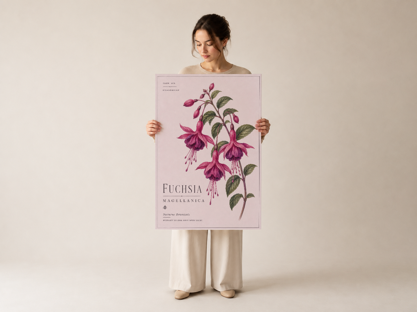 Kız tarafından gösterilen fuchsia magellanica botanik poster, high quality baskı, elegant duvar sanatı.