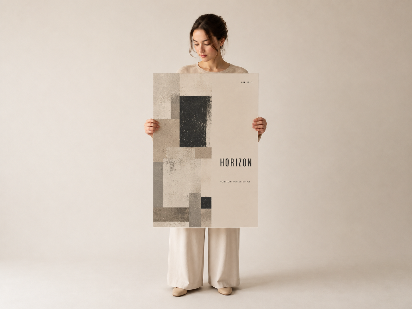 Soyut şekiller ve tipografiyle tasarlanmış Horizon tablosu, minimalist stil duvar dekorasyonu.