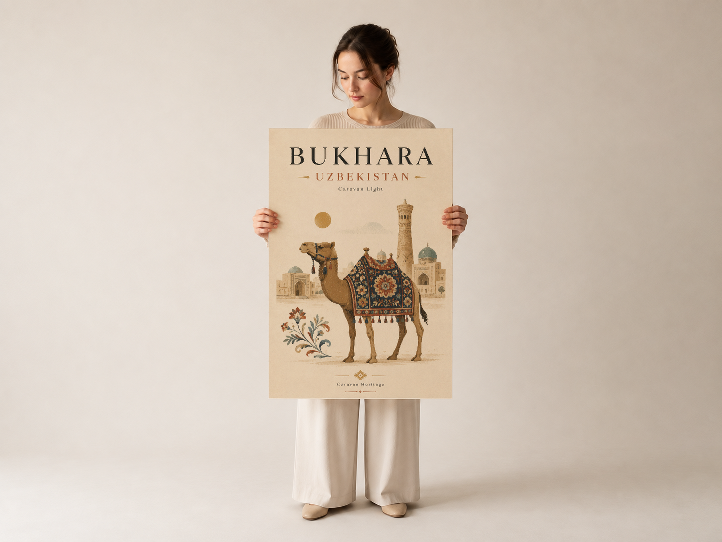 Bukhara Özbekistan tablosu, İslami mimarisi ve dekoratif devesi anlatan Caravan Light konseptli sanat tablosu.