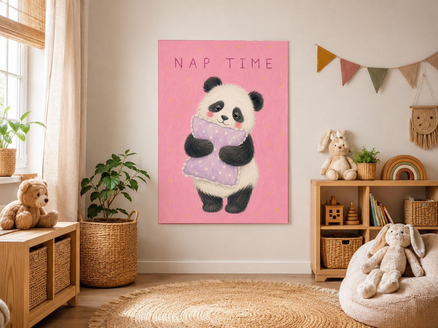 Şirin panda karakteri sunan Nap Time tablosu, boho tarzı ahşap mobilyalar arasında sıcak bir atmosfer yaratıyor.