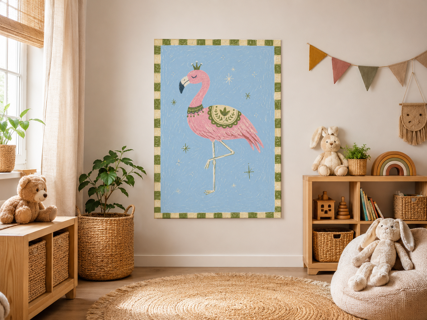 Dinazor temalı odasında duvar ortasında asılı, yeşil çerçeveli pembe flamingo tablosu dekorasyonu.