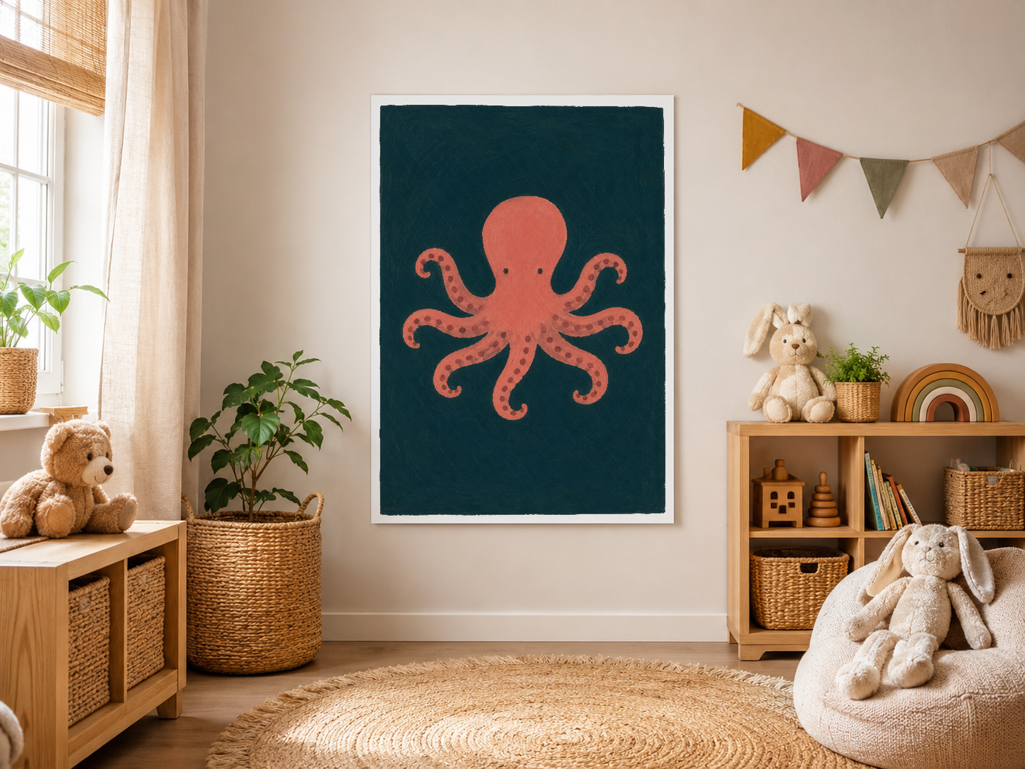 Mercan ahtapot sanat baskısı, koyu yeşil fonda, beyaz çerçeve, nötr tonlu boho çocuk odası duvarında.