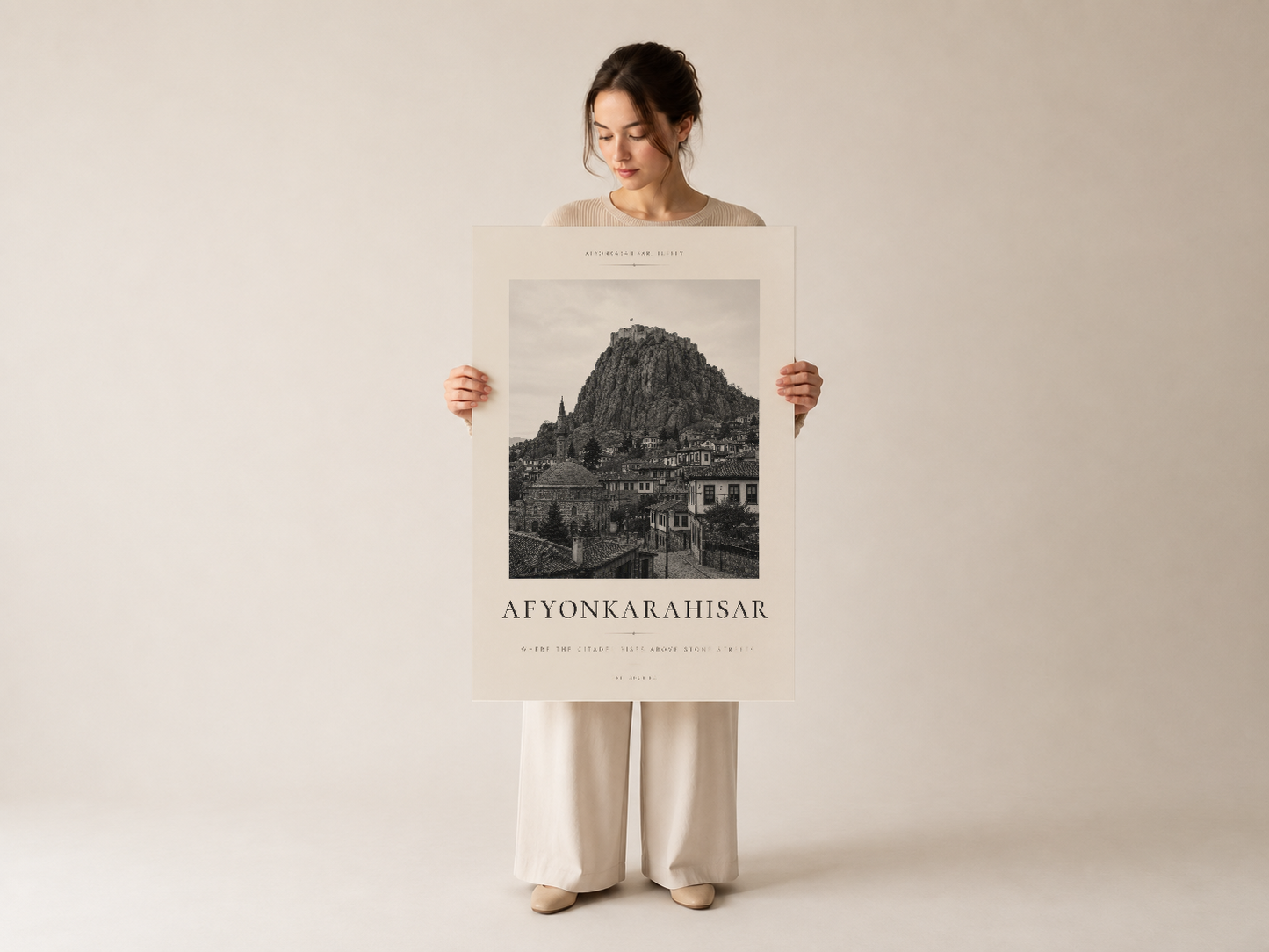 Afyonkarahisar duvar tablosu, hazır gösterili poster baskı, siyah-beyaz şehir görüntüsü sanat eseri.