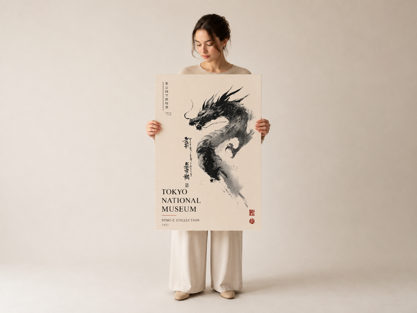 Tokyo Ulusal Müzesi limited edition Sumi-E koleksiyonu ejderha poster, profesyonel siyah çerçeveli duvar sanat parçası.