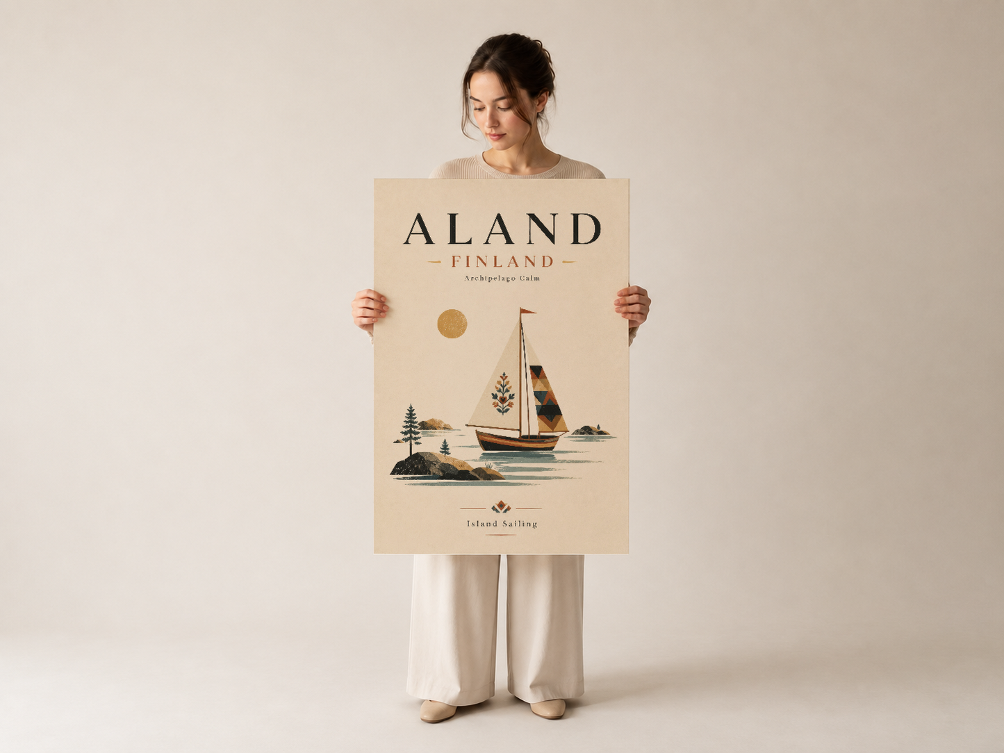 Aland Finland duvar tablosu, krem zeminli island sailing tasarımı, kız tarafından tutulmuş.