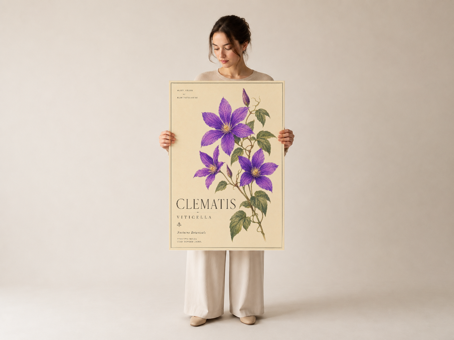 Botanik clematis tablosu, klasik çerçeve ile duvar dekorasyonunda şık sanat eseri görseli.
