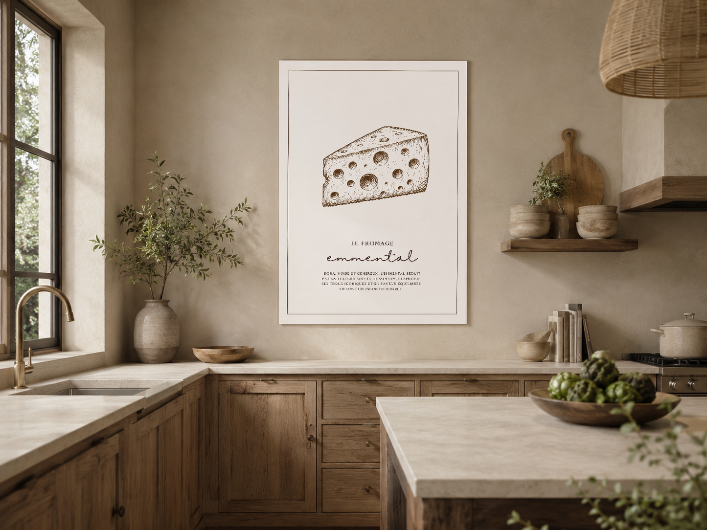 Ahşap dolapları olan rustic mutfakta, vintage peynir tasarımlı poster duvar dekorasyonu.