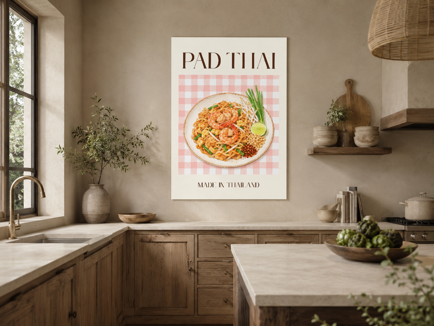 Pad Thai baskı, ahşap kabinetli sıcak mutfak dekorasyon ortamında zarif görünüyor.