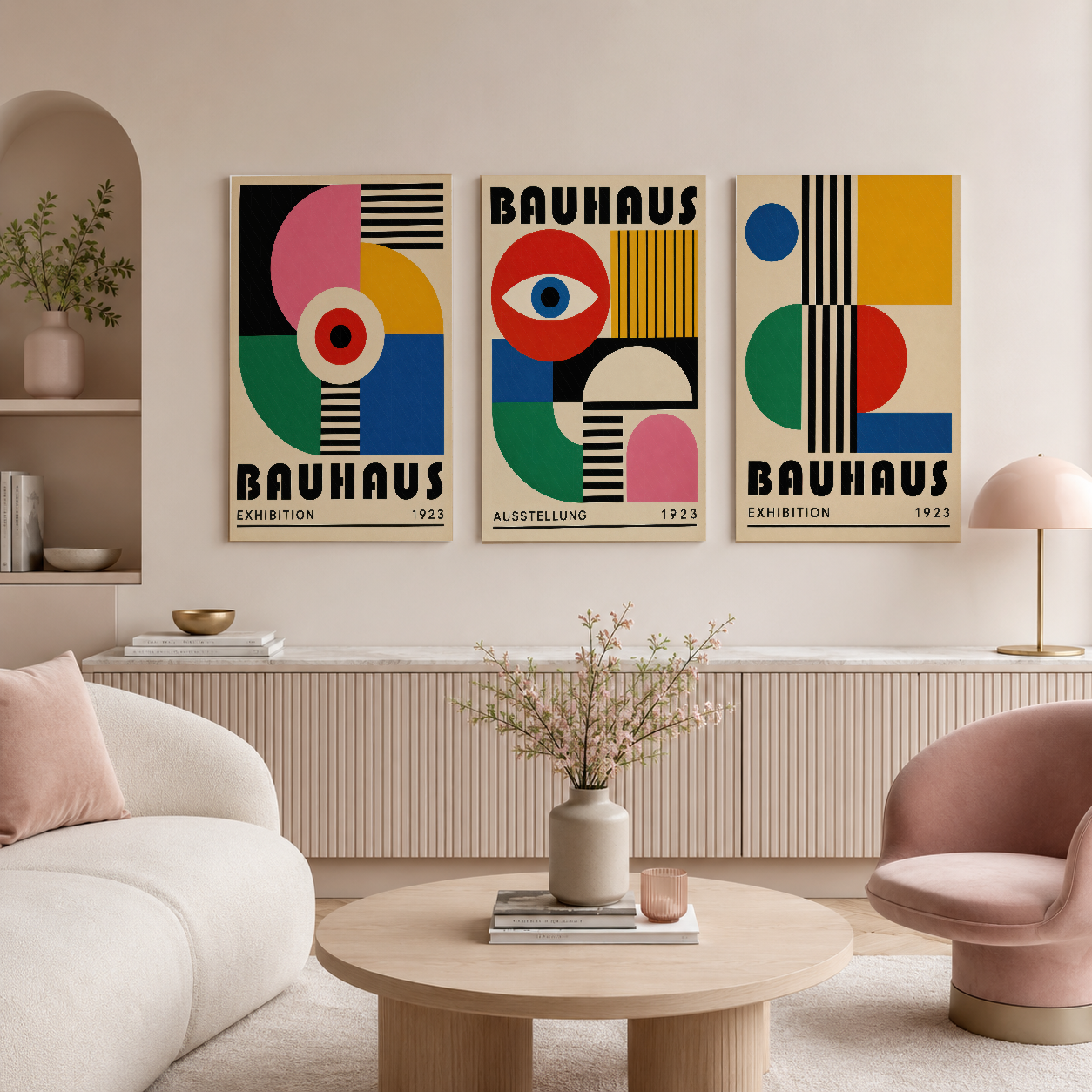 Kontemporer salon, Bauhaus tasarımı üç paneli ile ressam ruhlu, cesur dekoratif ifade.