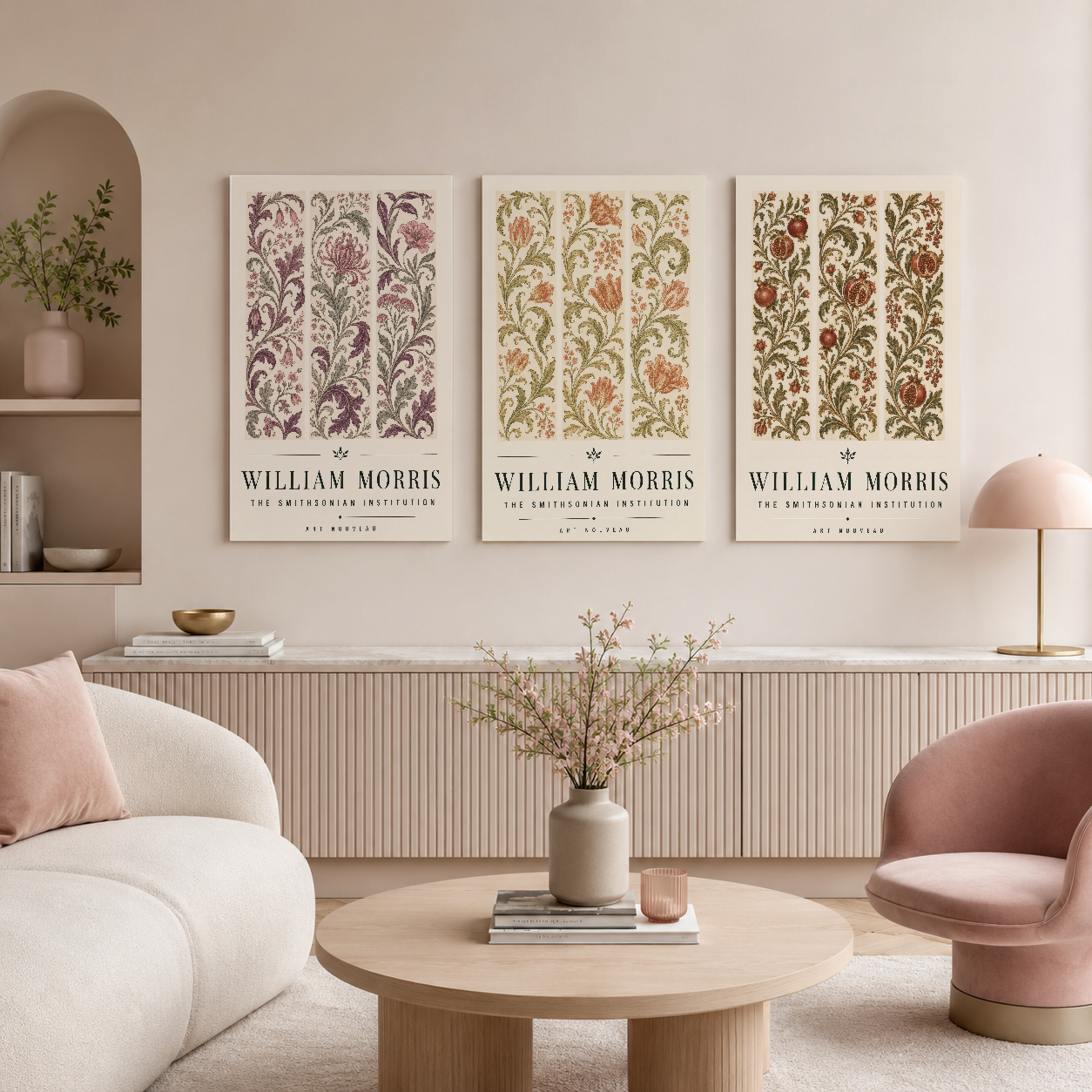 William Morris geleneksel çiçek desenleri ile bezenmiş üç panel tablo, modern oturma alanında.