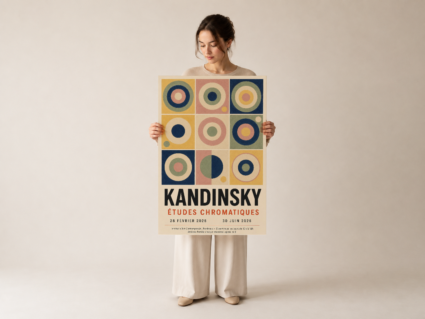 Kandinsky renkli soyut tablo, beyaz elbiseli kadın tarafından ayakta tutularak sergileniyor.