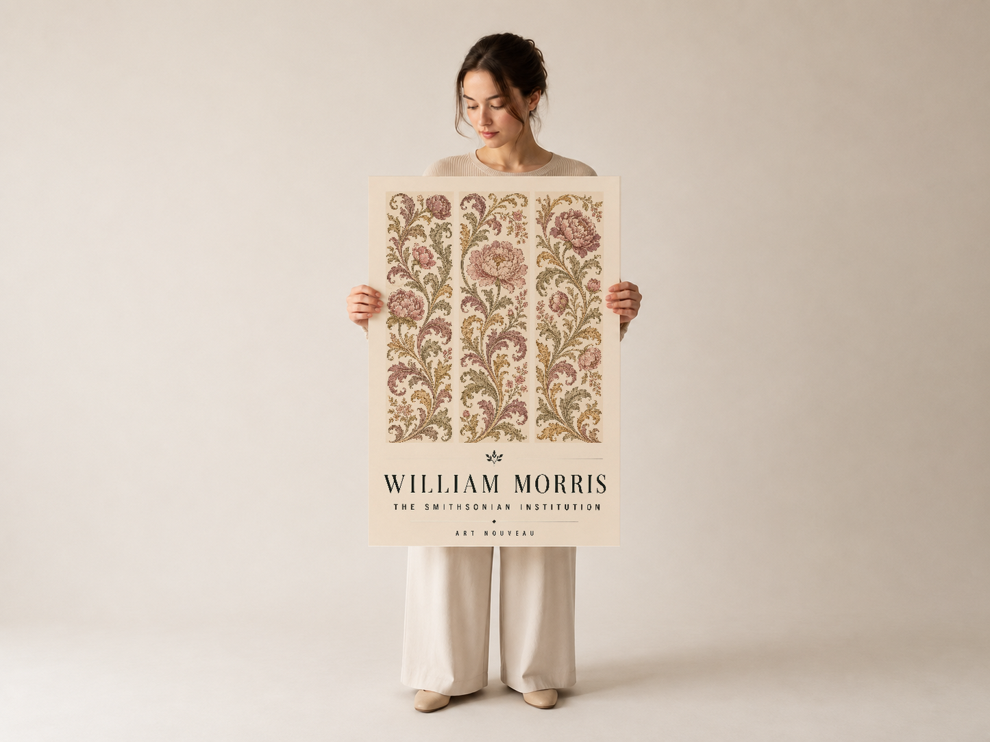 William Morris çiçek tablosu, kişi tarafından tutulan, yumuşak tonlarla öne çıkan klasik sanat eseri.