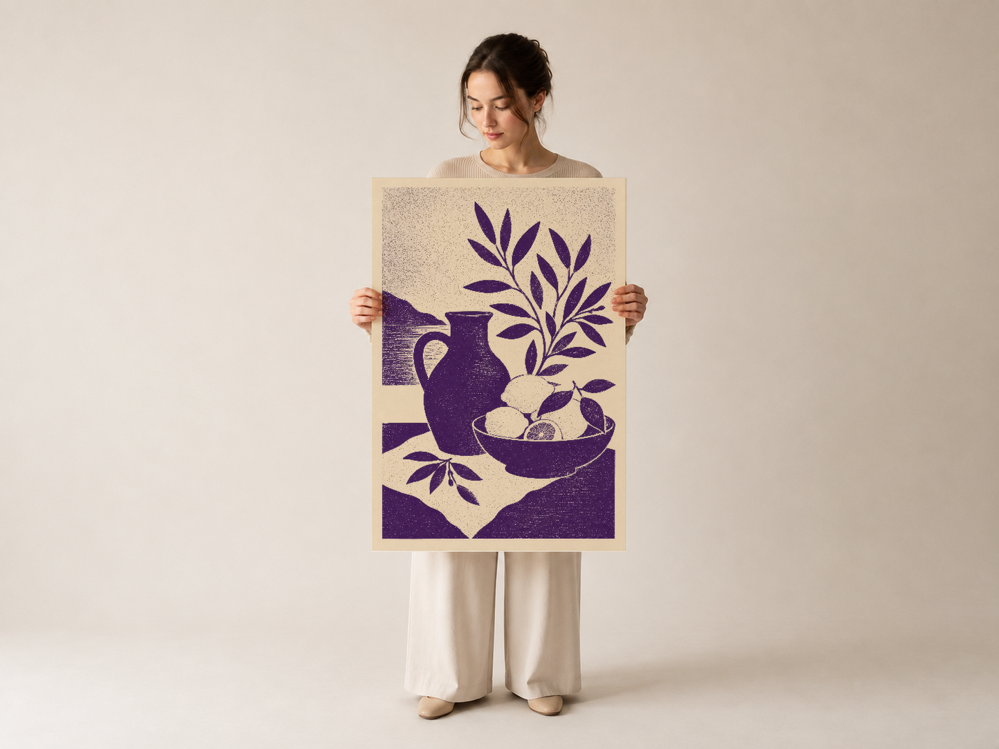 Mor baskılı vintage stil sanat tablosu, sürah ve meyve kasesi detaylarıyla tasarlanmış dekoratif duvar posteri.