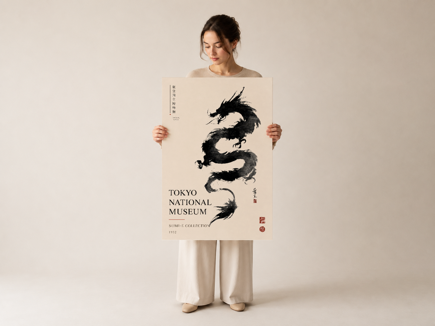 Japon müze koleksiyonundan, dinamik ejderha silueti içeren siyah beyaz minimalist sanat baskısı.