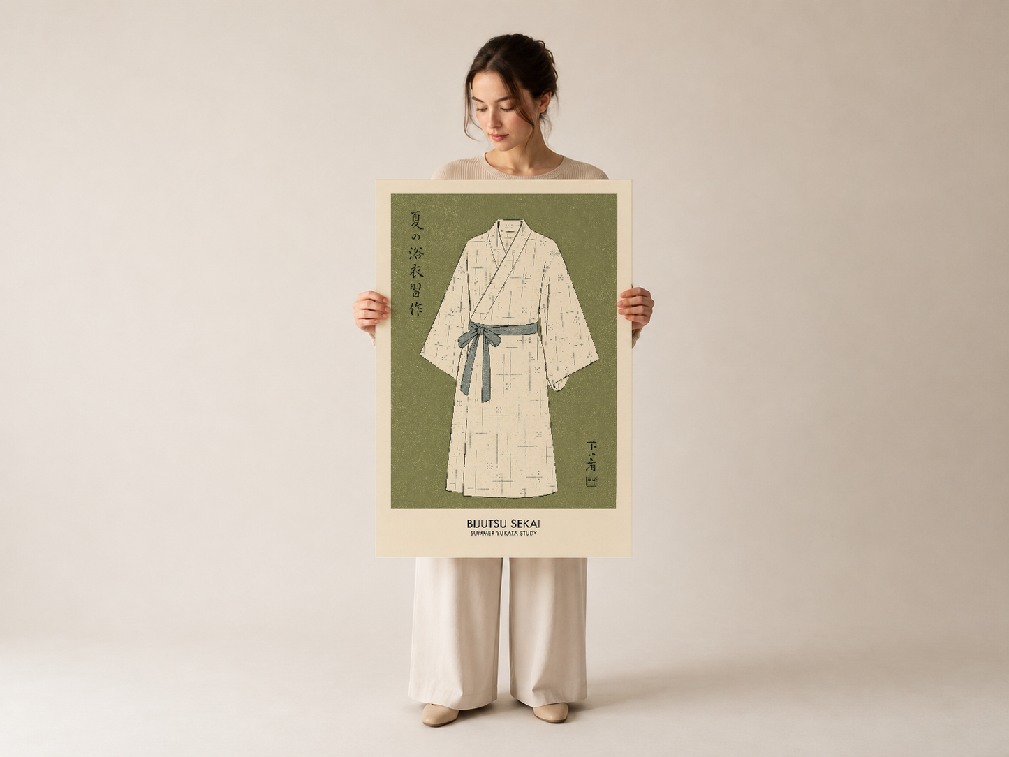 Kadın tarafından gösterilen Bijutsu Sekai baskısı, geleneksel japon giyim tasarımının minimalist yorumunu sunuyor.