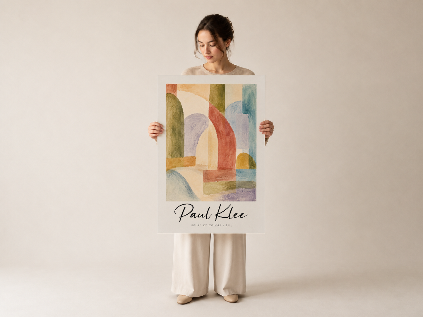 Paul Klee House of Colors 1925 eserinden esinlenilen poster, soyut mimari ve renkli tasarımla dekorasyonu tamamlayan tablo.