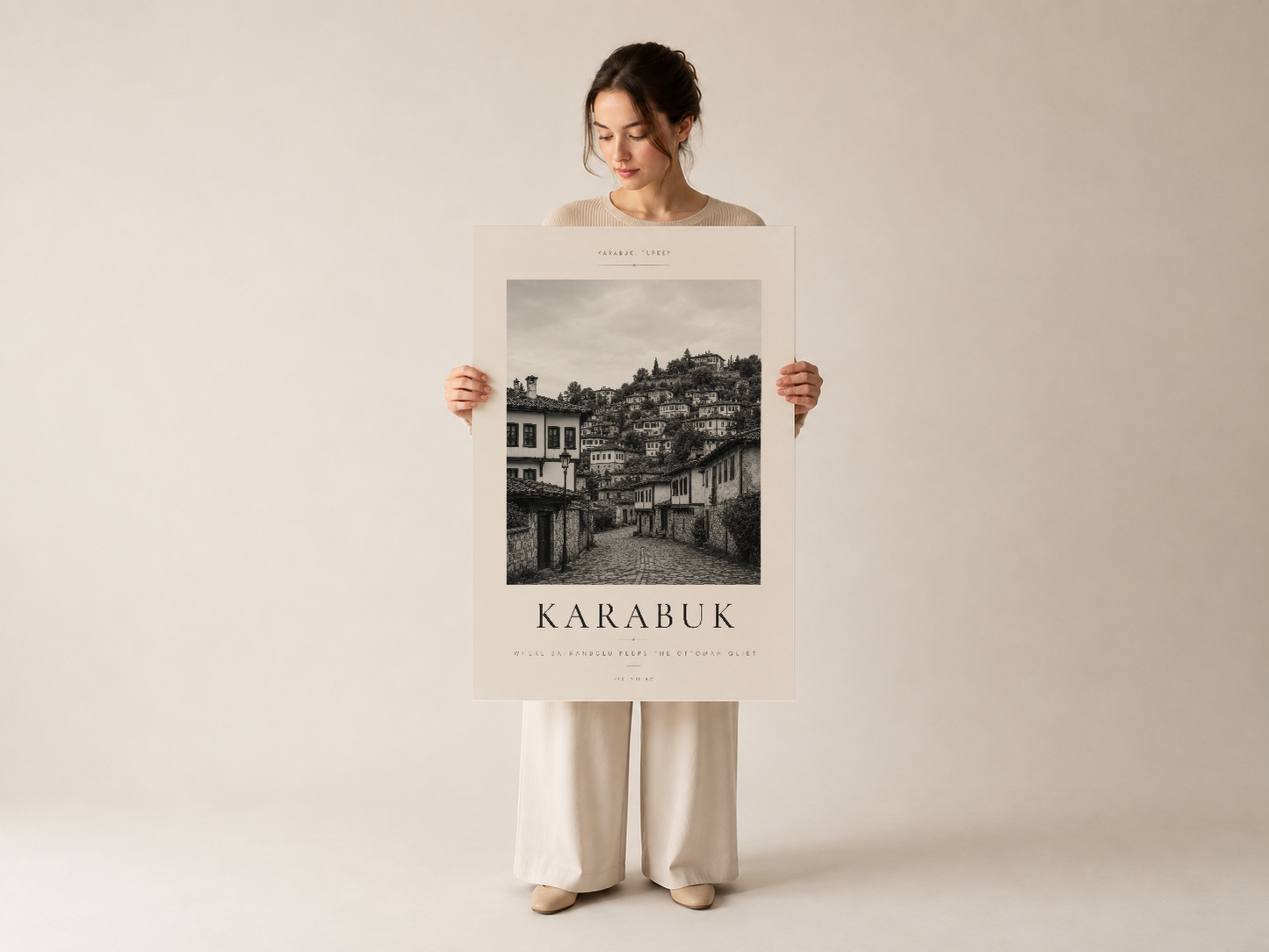 Karabük şehrini gösteren minimalist noir stil poster, sanat baskısı olarak sunulan tasarım.