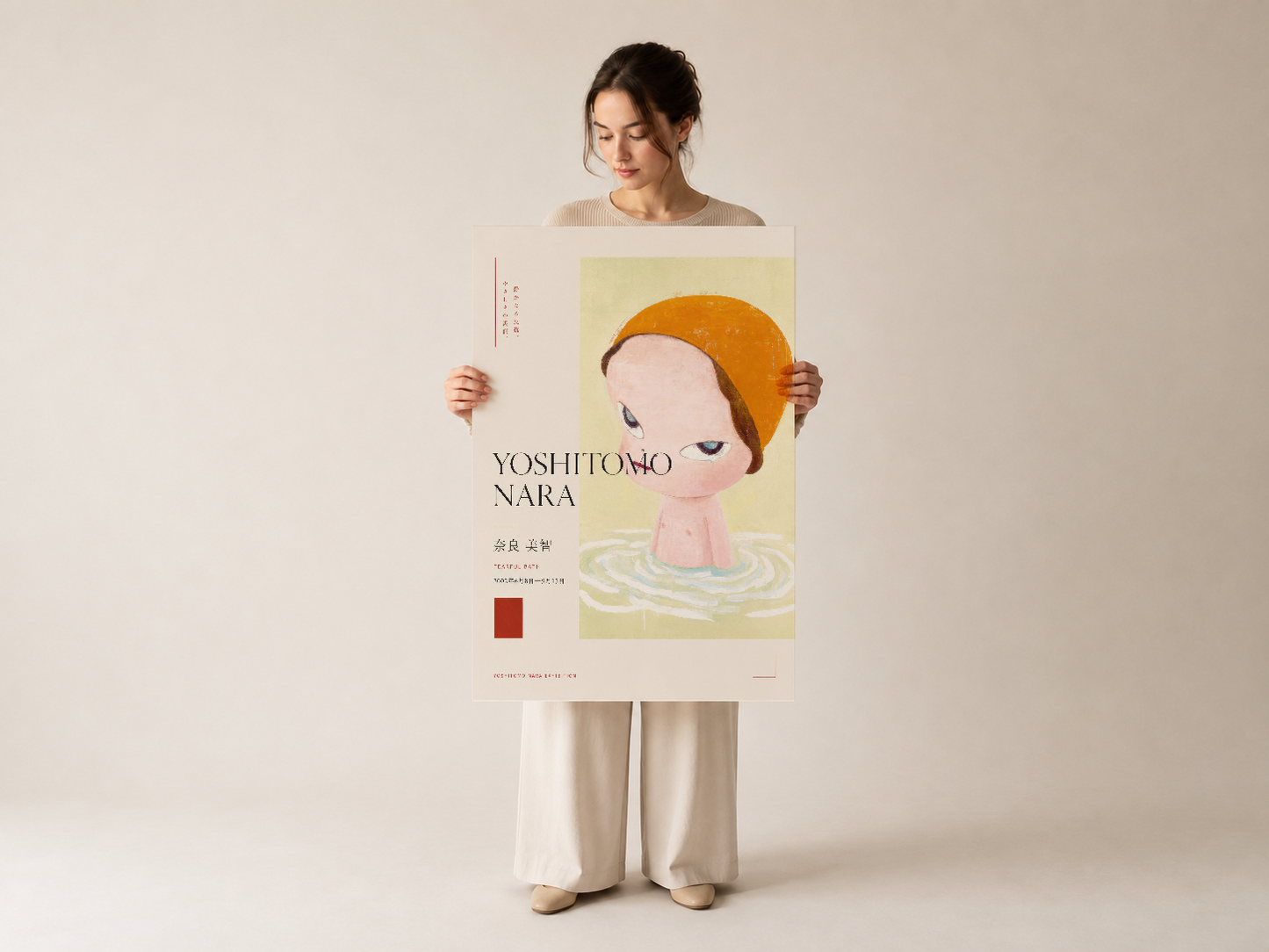 Turuncu bereli figürlü Japon sanat posteri, contemporary galeri estetiklerini taşıyan profesyonel baskı.