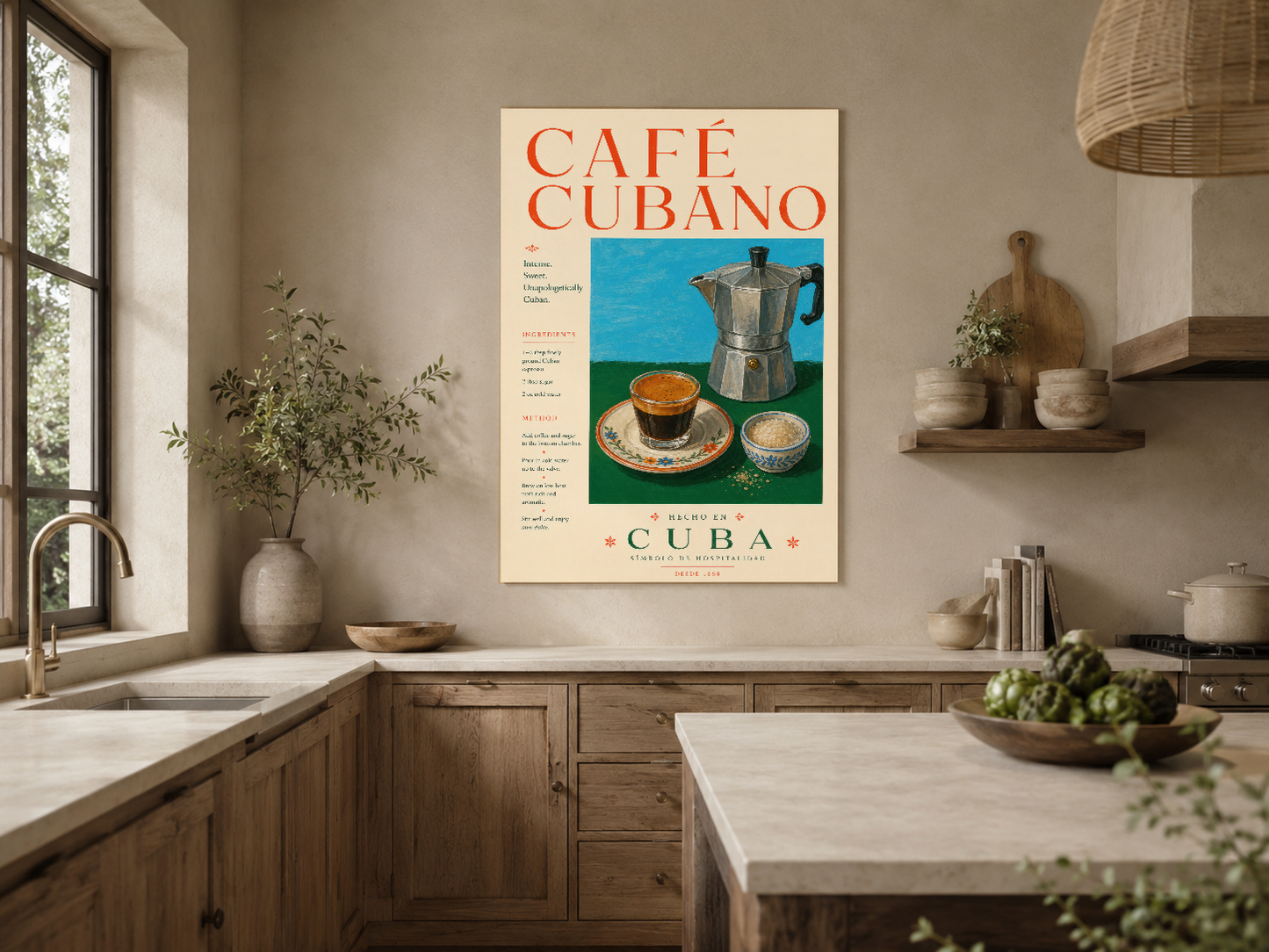 Café Cubano art print, pastel ton mutfakta samimi ve retro duygu katıyor.