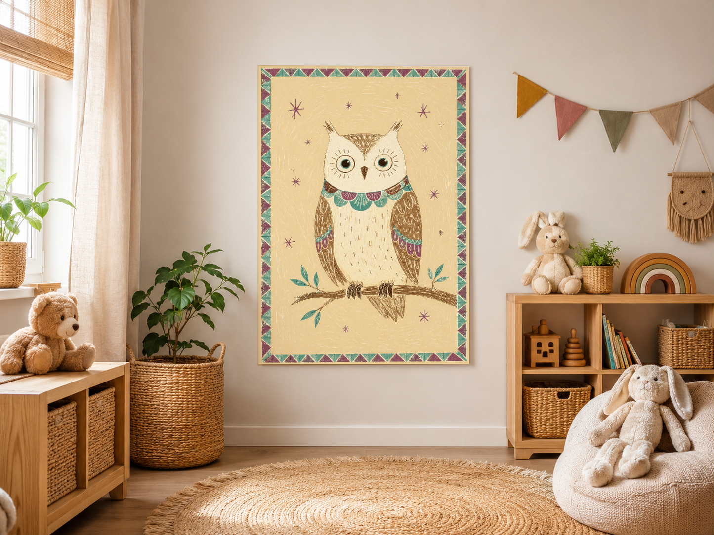 Etnik baykuş sanat baskısı, doğal ahşap dekorasyonlu beige çocuk odasında sergilenmekte.
