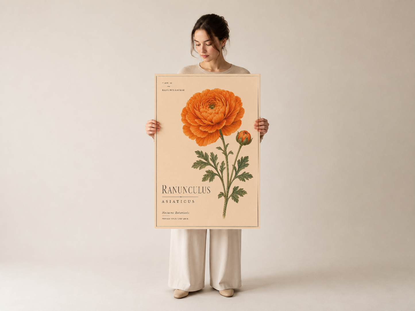 Çerçeveli turuncu Ranunculus sanat baskısını tutan kadın, minimalist beyaz arka plan önünde.