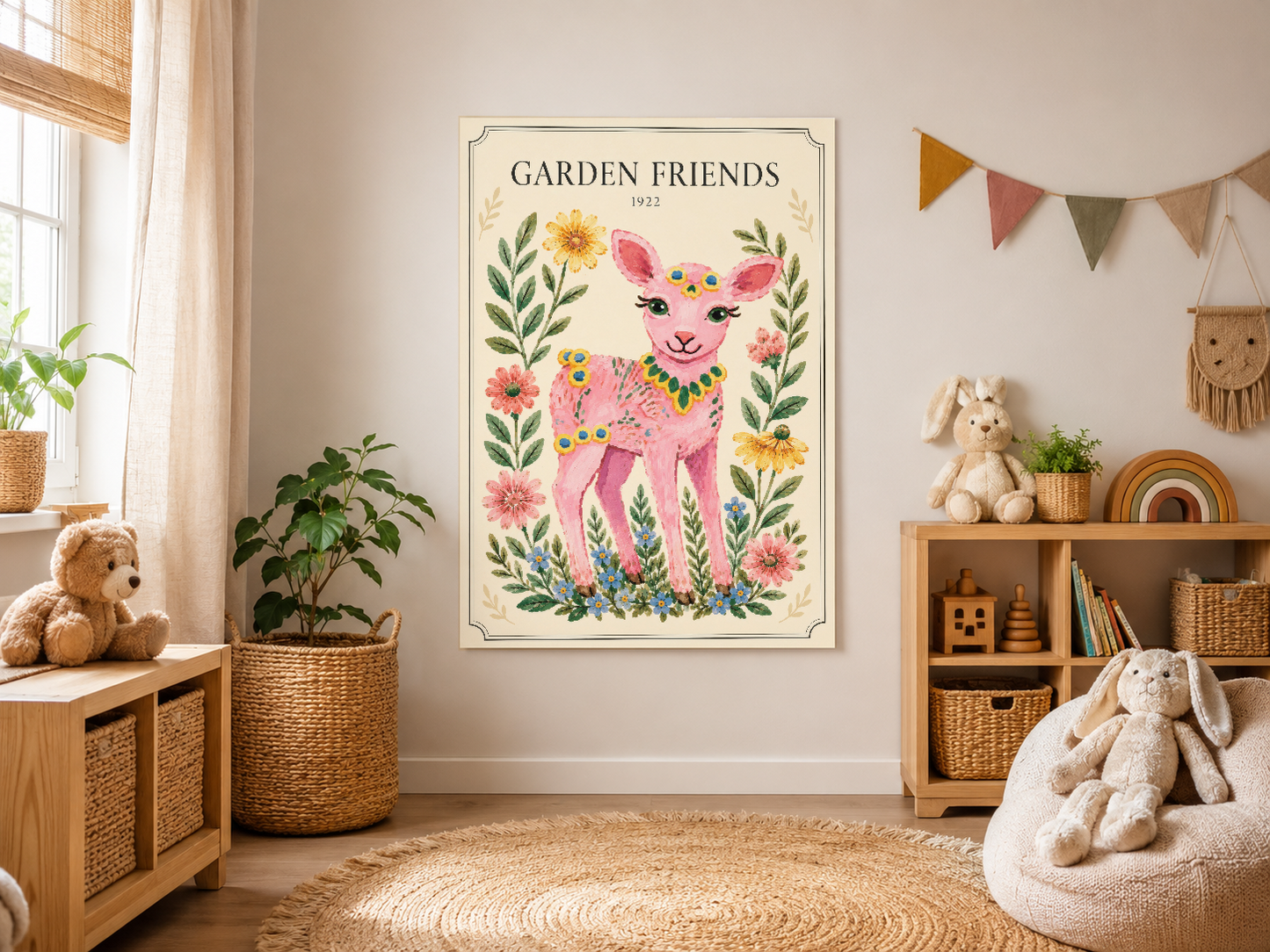 Garden Friends tablosu, sıcak tonlu çocuk odasında, oyuncaklar ve kitaplar arasında duvarında asılı.
