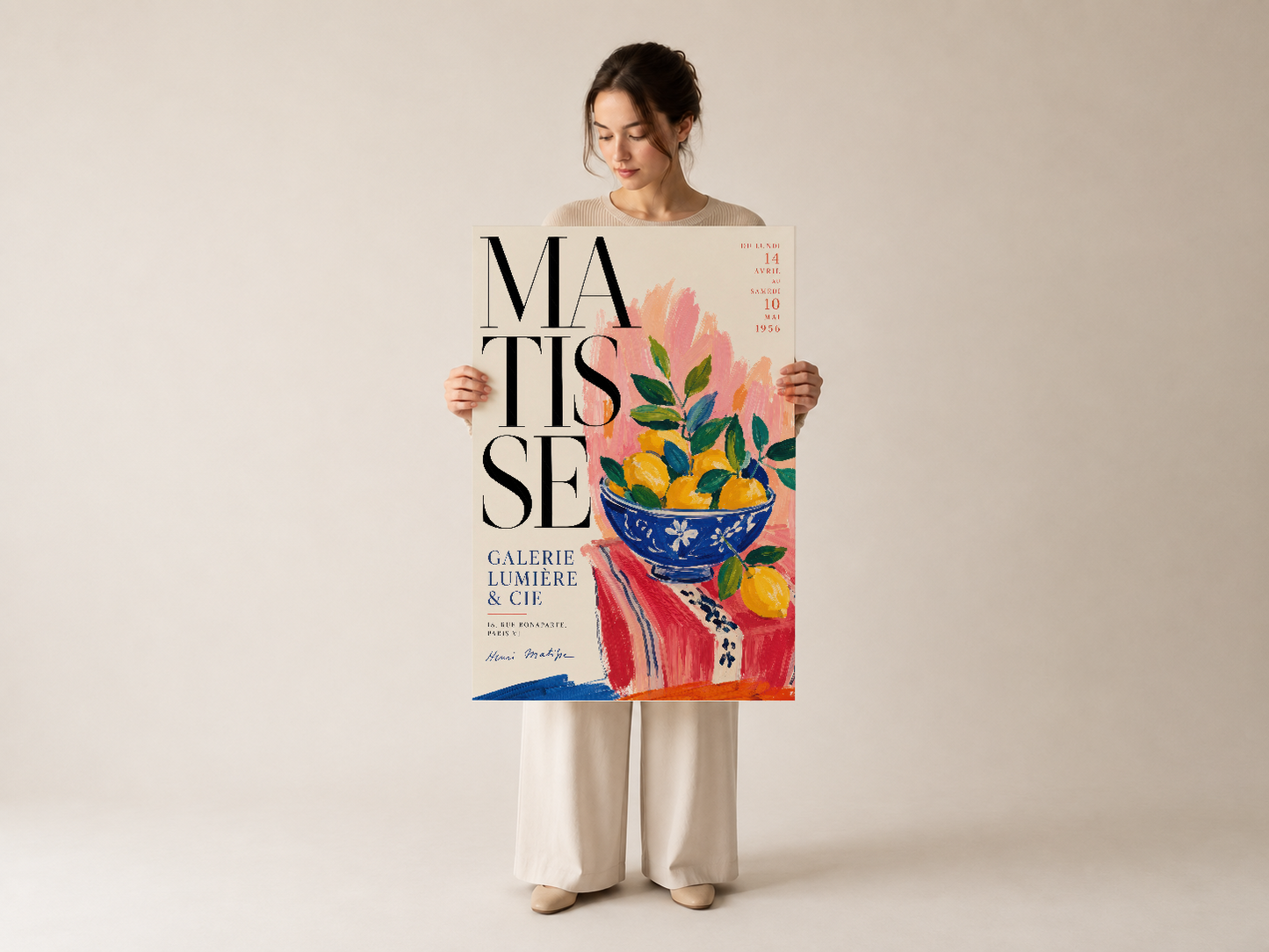 Matisse sanat eseri, çok renkli çiçek ve klasik tipografiyle evrensel tasarım uyumu.