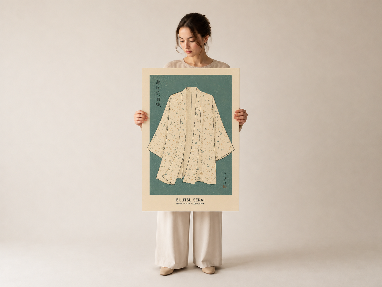 Bjutsu Sekai duvar tablosu, haori kimono tasarımı vintage baskı, bej çerçeve japon sanat posteri.