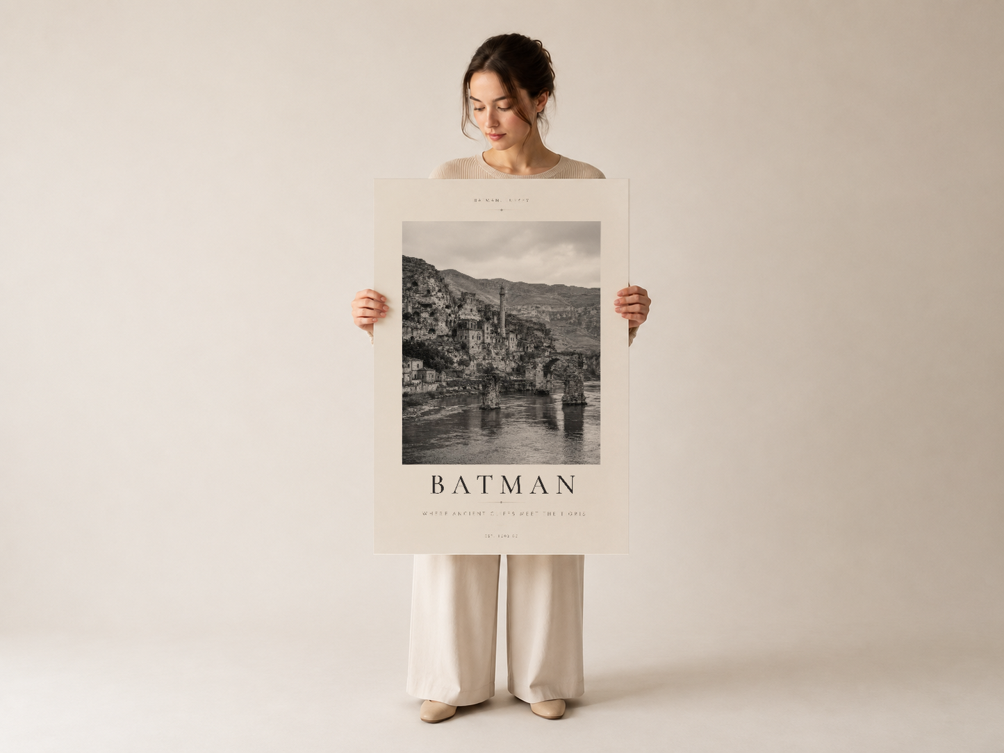 Batman Türkiye duvar tablosu kadın modelin elinde, canlı sanat eserinin ince baskı kalitesini gösteriyor.