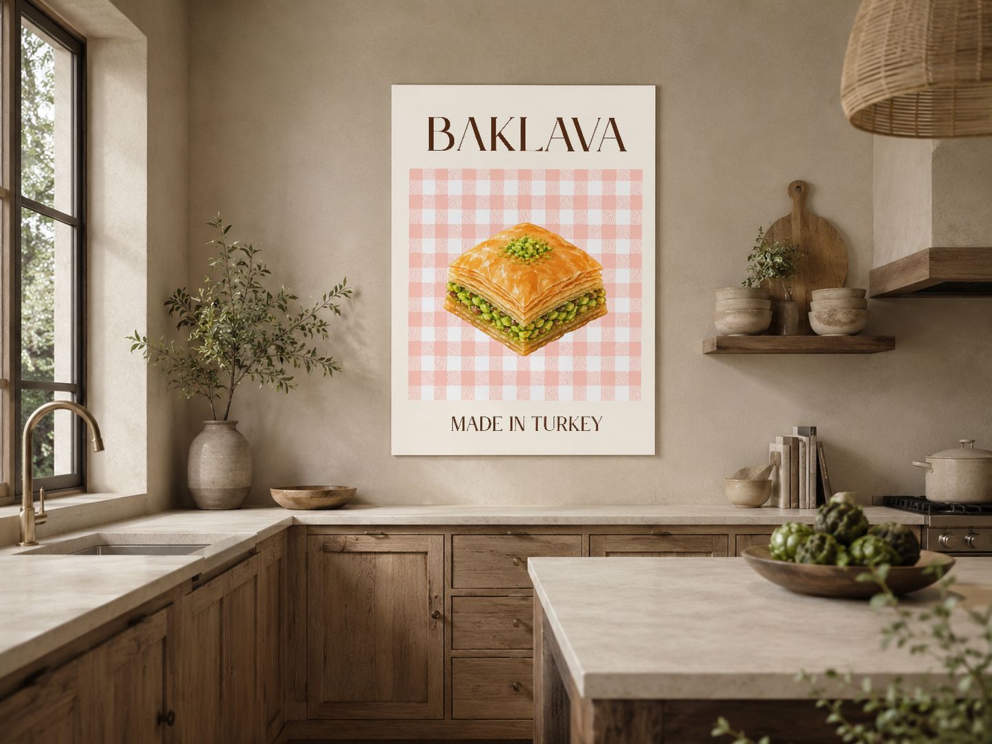 Ahşap mutfak tasarımına montaj edilen baklava sanat baskısı, Türk kültürü temalı dekoratif poster.