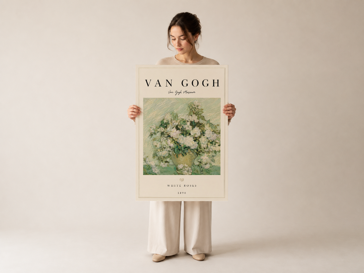 Van Gogh Beyaz Güller sanat eseri, beyaz çerçeveli poster olarak duvar dekorasyonu için sunuluyor.