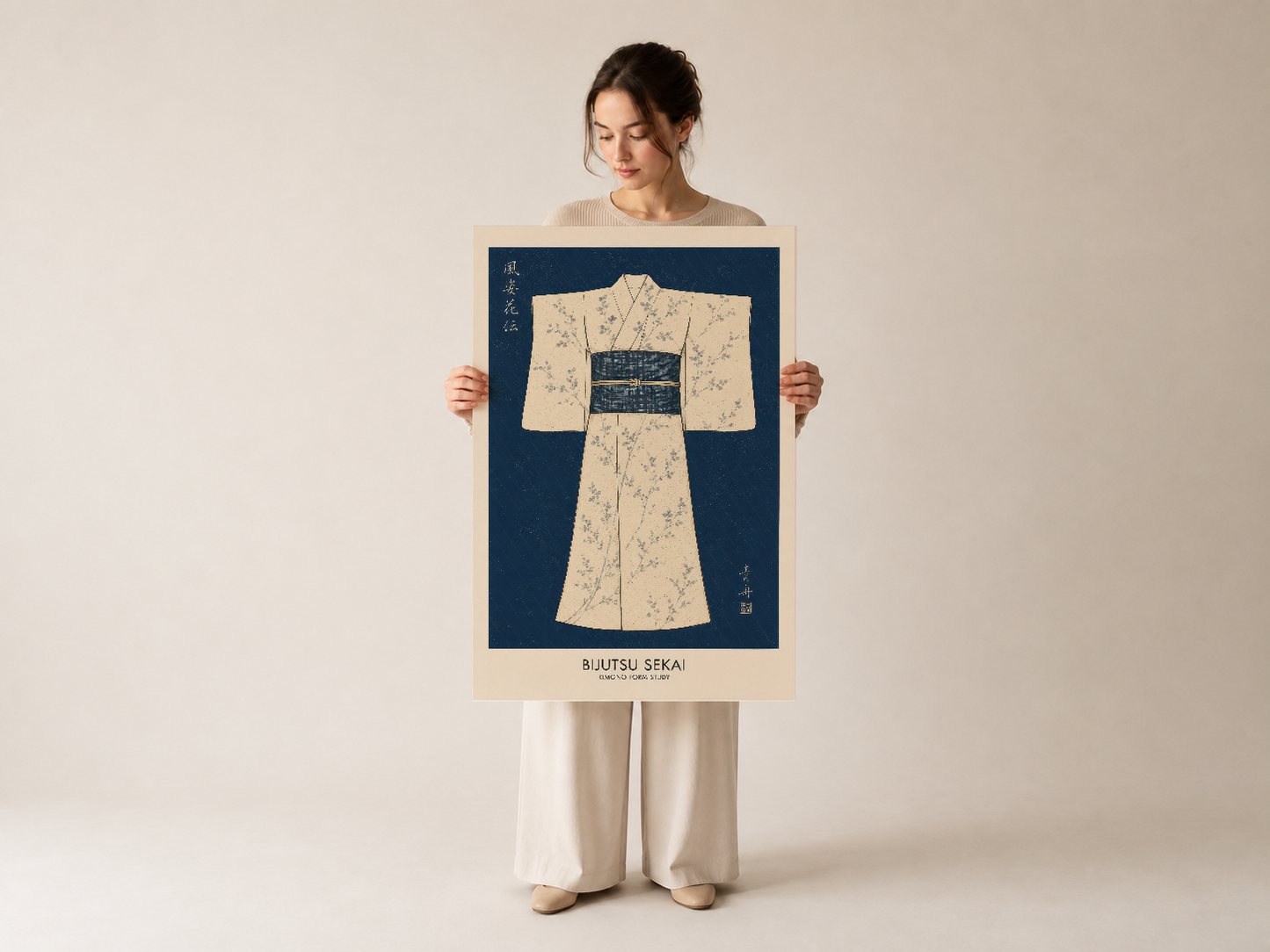 Desenli kimono posteri, Japonca yazılarla süslenmiş geleneksel tekstil sanatının çağdaş yorumu.