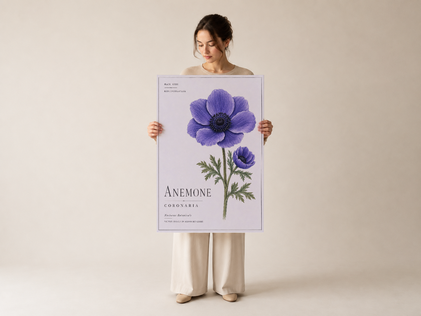 Anemone çiçeği sanat baskısı, şeffaf mor lavanda tonunda, botanik severlerin koleksiyonu için ideal poster.