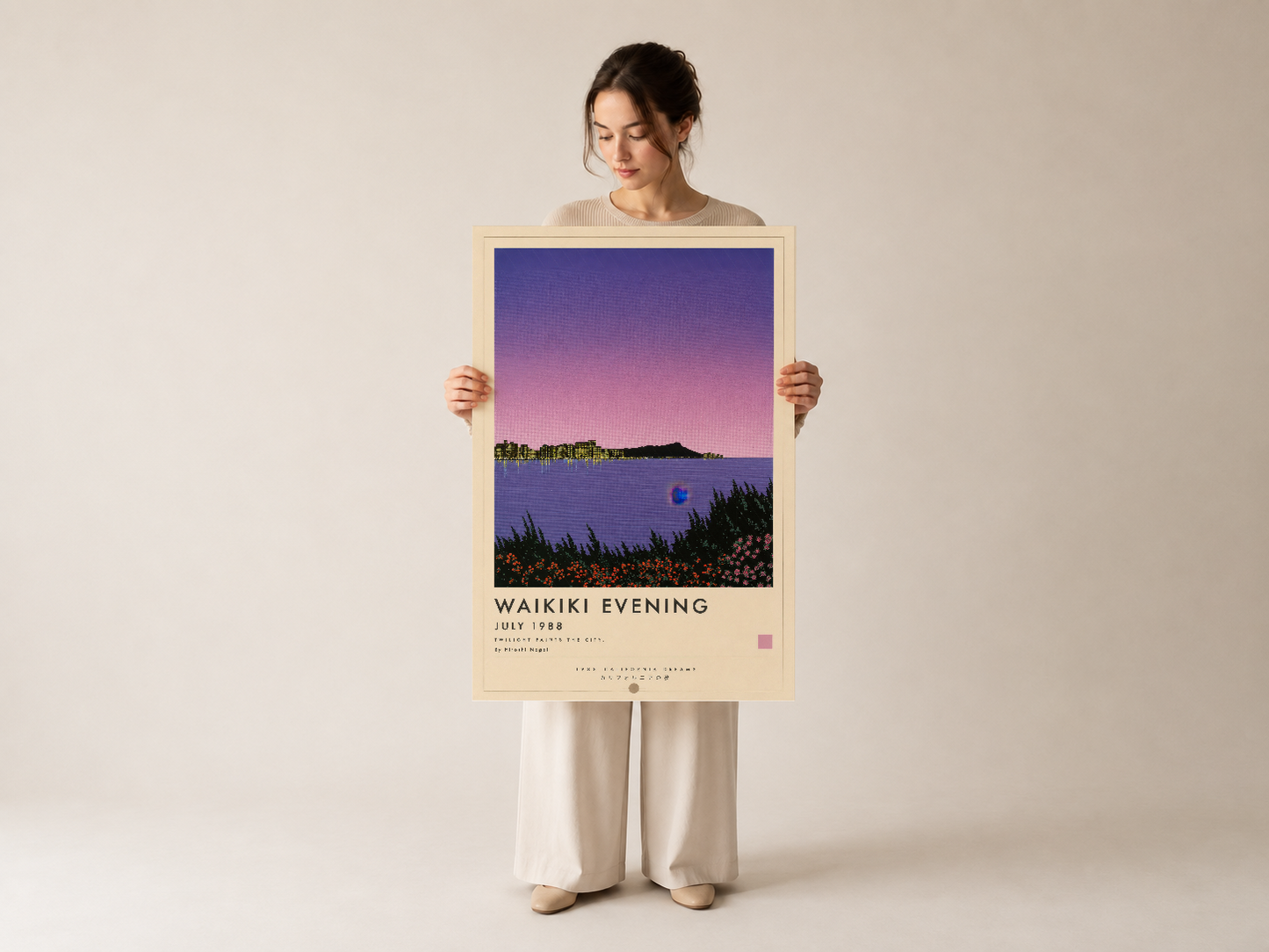 Waikiki Evening posteri, pembe gökyüzü ve deniz manzarası tasvir eden çerçeveli sanat eseri olarak kullanım gösteriliyor.