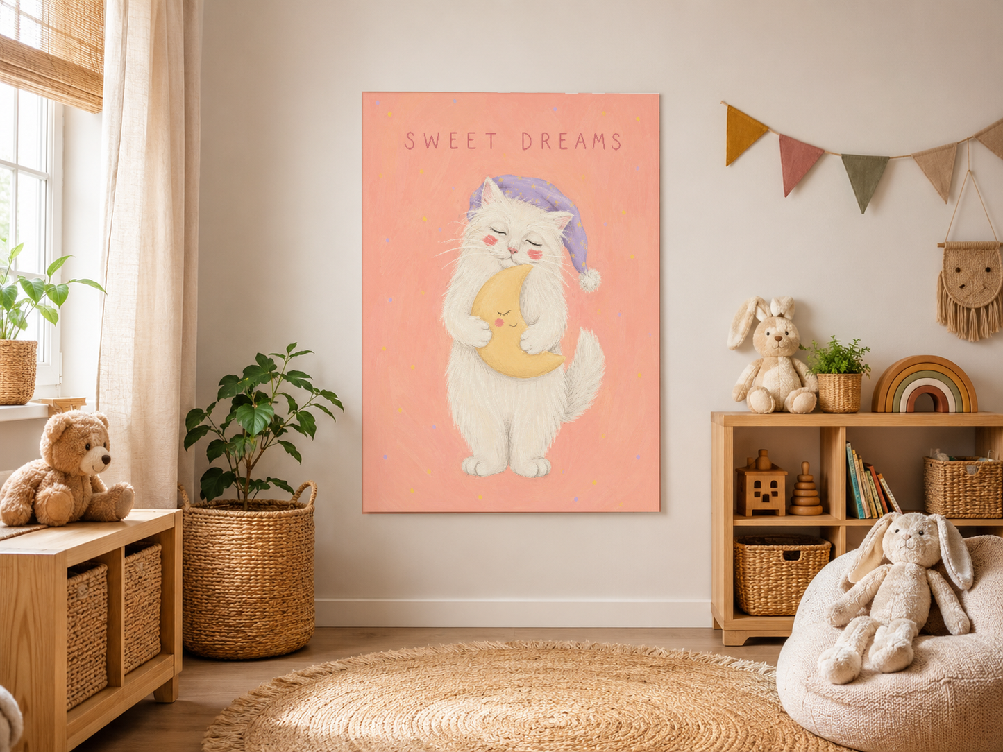 Yumuşak pembe arkaplan üzerinde mor başlıklı, sevimli kedi karakteri posteri.