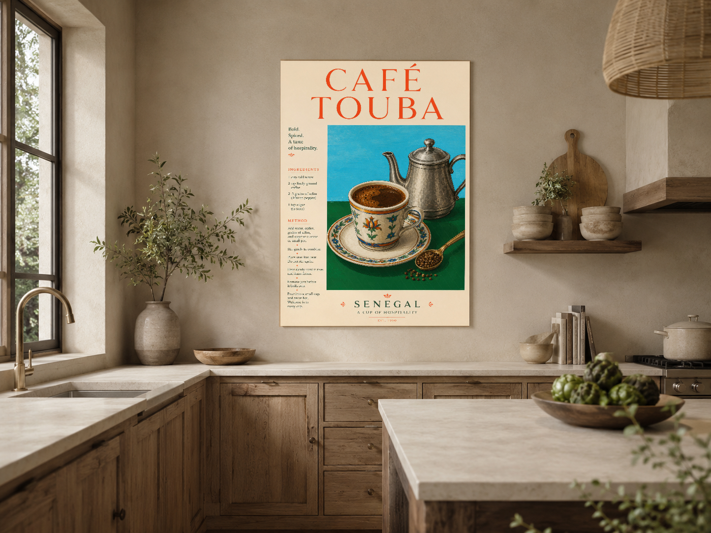 Klasik stil Café Touba tablosu, ahşap donanımlı rustik mutfada sanat parçası.