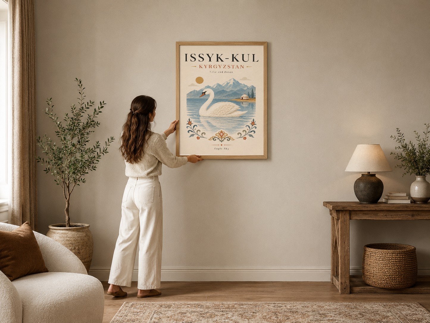 Issyk-Kul Kyrgyzstan poster, kuş temalı vintage sanat tablosu, çerçeveli dekorasyon.