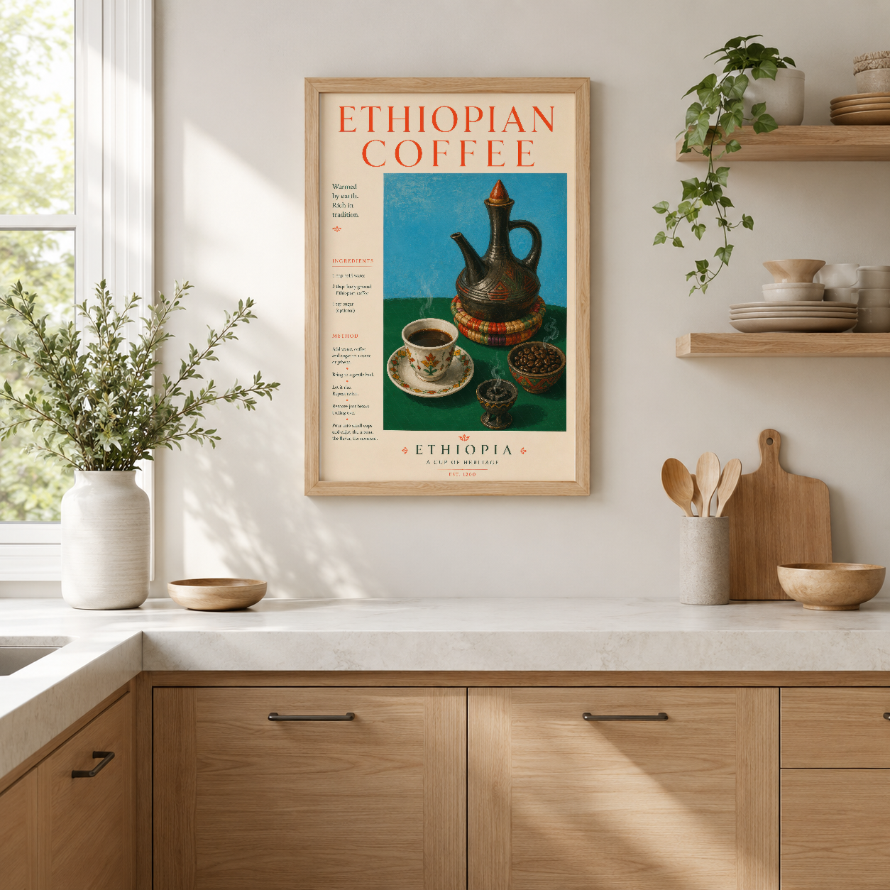 Etiyopya kahvesi temalı vintage poster, geleneksel cezve ve fincan tasvirli retro sanat tablosu.