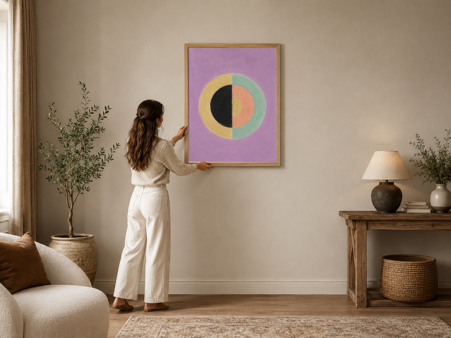 Mor fonda renkli geometrik daireler deseni içeren modern soyut poster, salon duvarında çerçeveli.