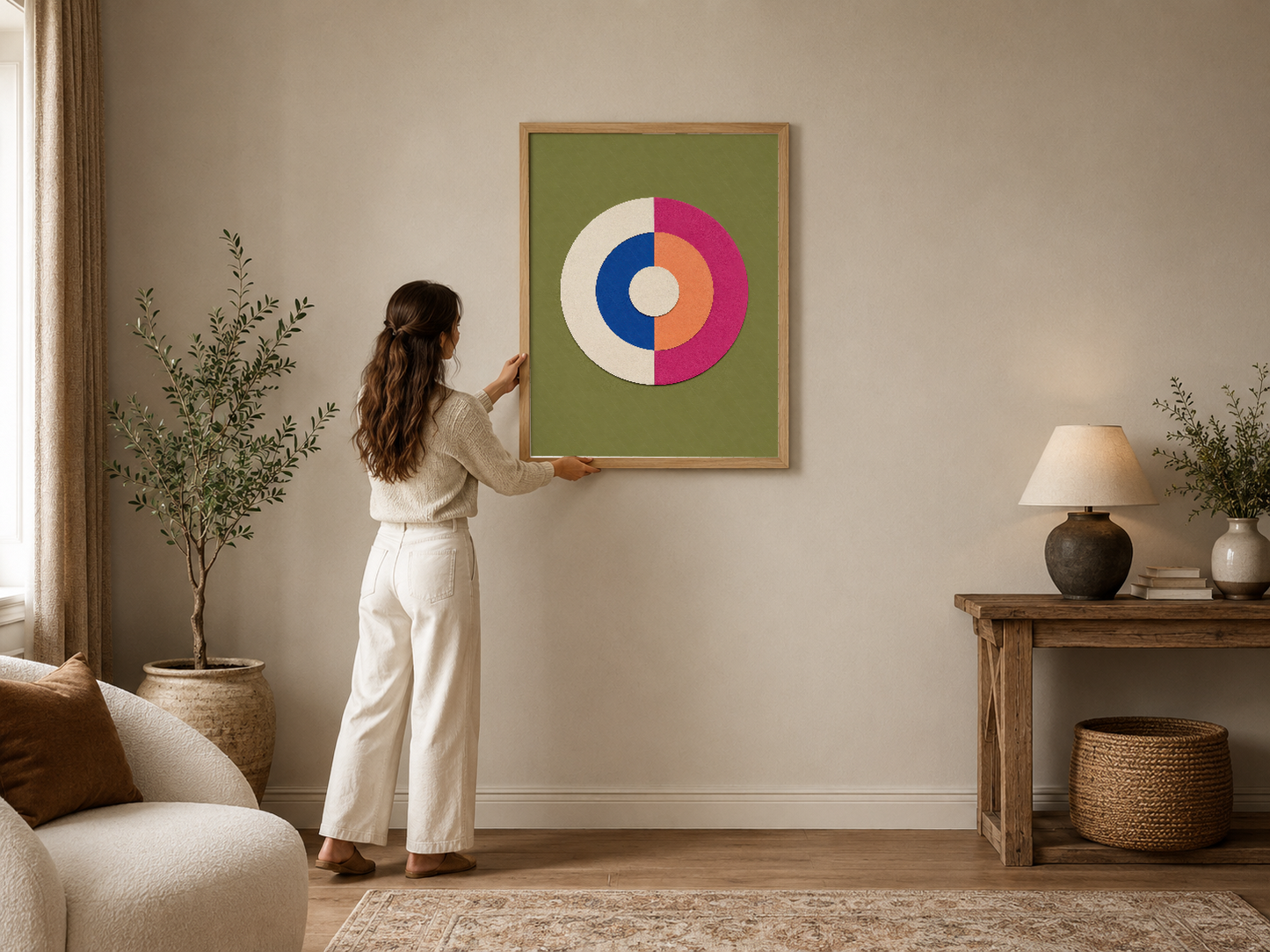 Geometrik daire deseni ve canlı renklerle modern oturma odasında duvarı süsleyen çerçeveli poster.