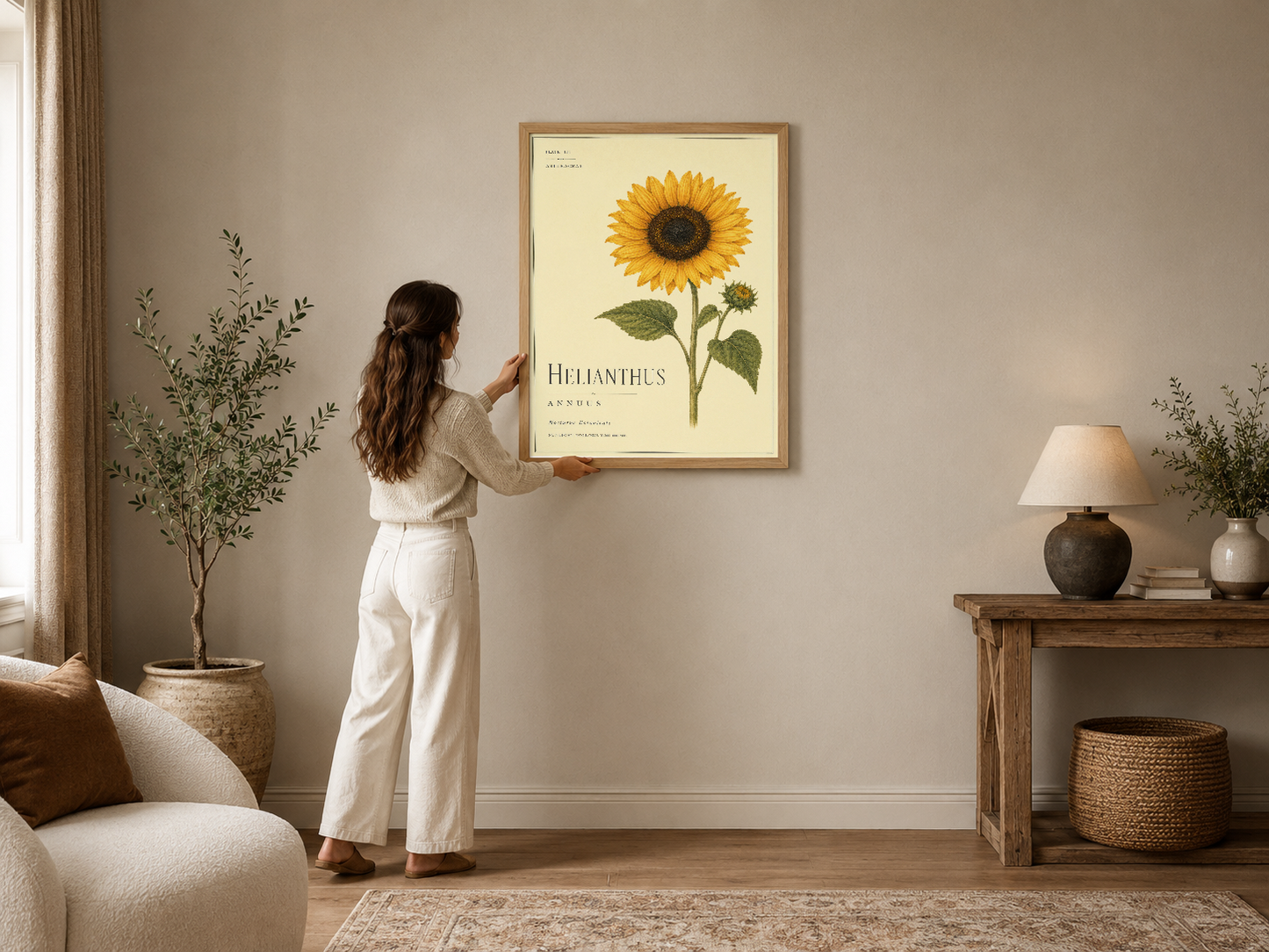 Botanik ayçiçeği ilustrasyonu, klasik çerçeveli poster, nötr tonlu oturma odasının dekorasyon merkezi.