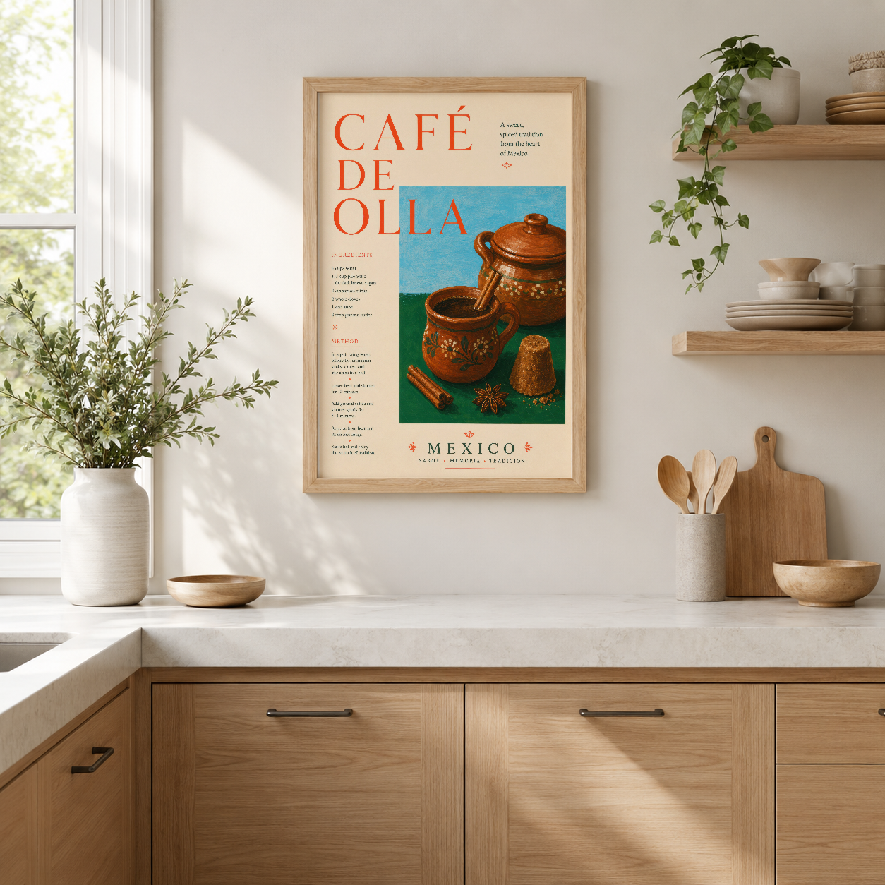 Vintage Meksika kahvesi posteri, retro tasarımda bakır kahve kaplarıyla, modern mutfakta doğal ahşap çerçevede.