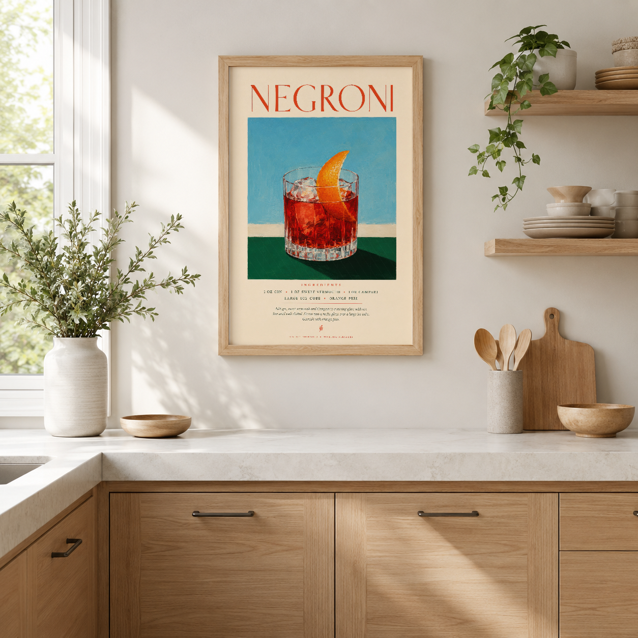 Negroni kokteyl tablosu, ahşap çerçevede, modern mutfak dekorasyonunda, retro sanat stilinde.