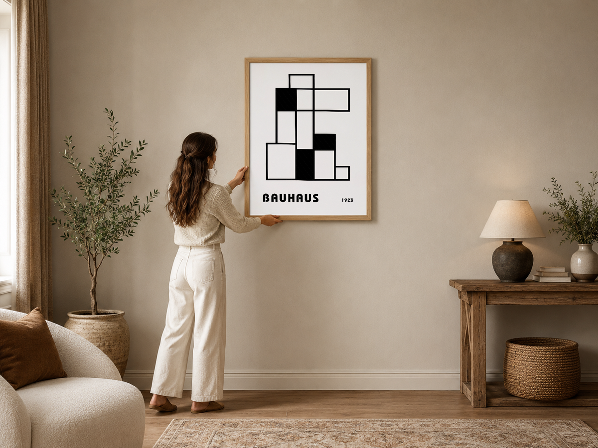 Bauhaus geometrik tasarım posteri, sıcak beige çerçevede modern oturma odasının duvarında elegant bir aksent oluşturuyor.
