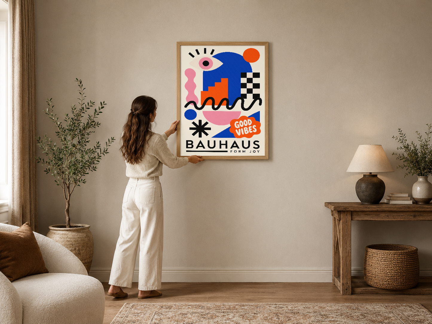 Renkli soyut tasarımlı Bauhaus tablo, modern oturma odasında duvar dekorasyonu olarak sergileniyor.
