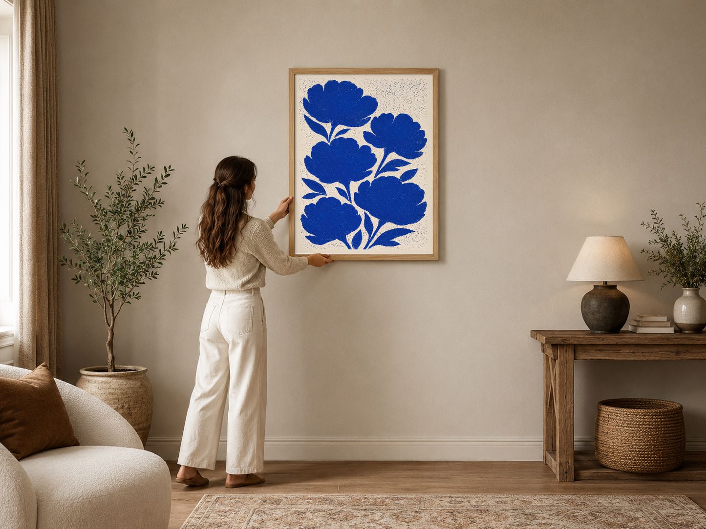 Kobalt mavi çiçek motifiyle sanat deco tarzında tasarlanmış, ahşap çerçeveli duvar tablosu.