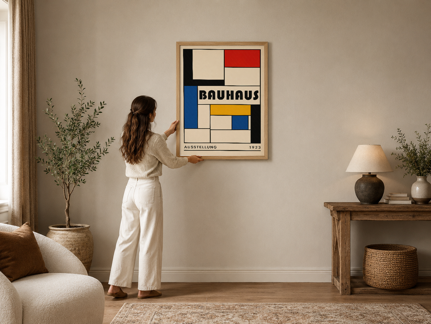 Bauhaus 1923 geometrik sanat tablosu, zarif iç mekanın duvarında çerçeveli haliyle modern dekorasyon.