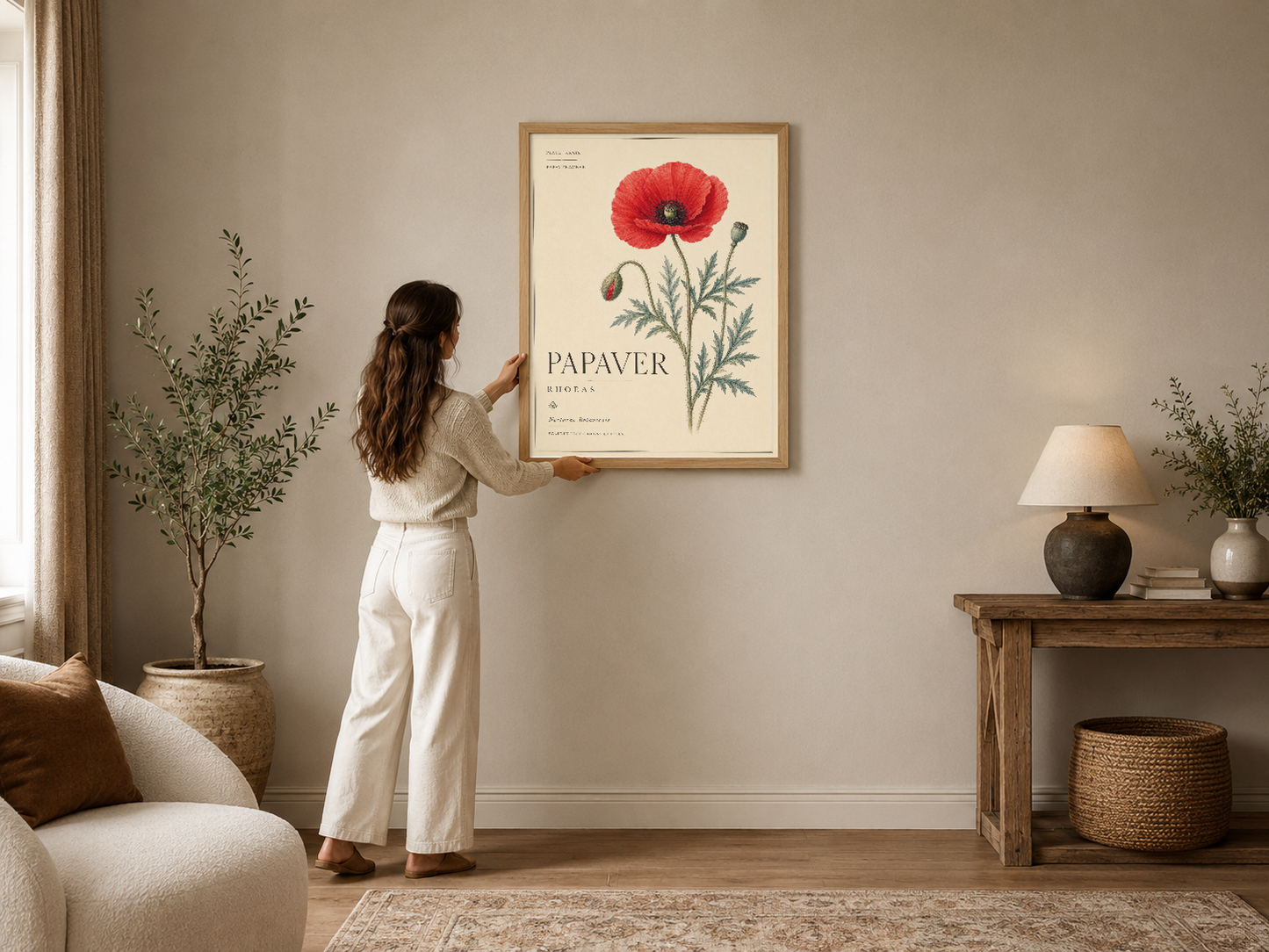 Botanik tarzda kırmızı haşhaş çiçeği ilustrasyonu, ahşap çerçevede modern bir oturma odasını süsleyen sanat tablosu.