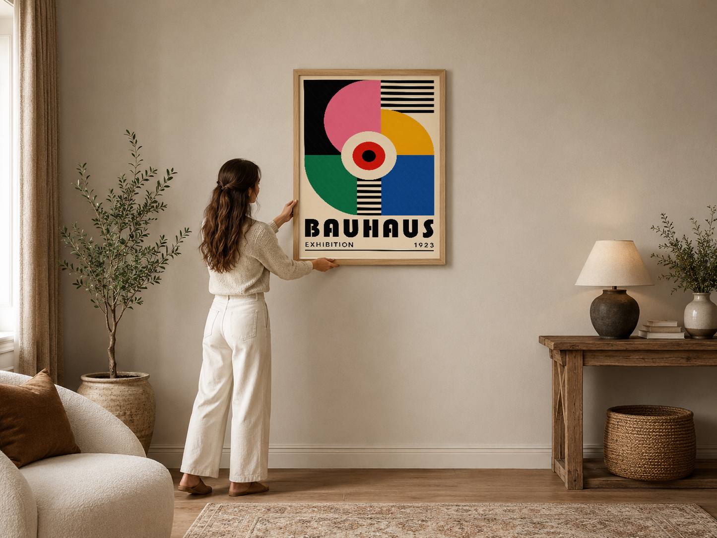 Bauhaus 1923 sergisi posterı, canlı renkler ve geometrik tasarımla modern iç mekana sanat katıyor.