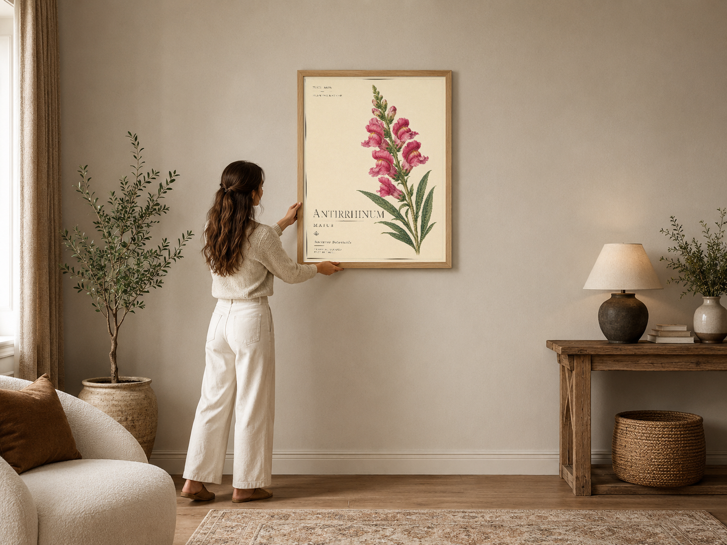 Vintage botanik sanatı Antirrhinum çiçeği, ahşap çerçeveli duvar tablosu modern oturma odasında.